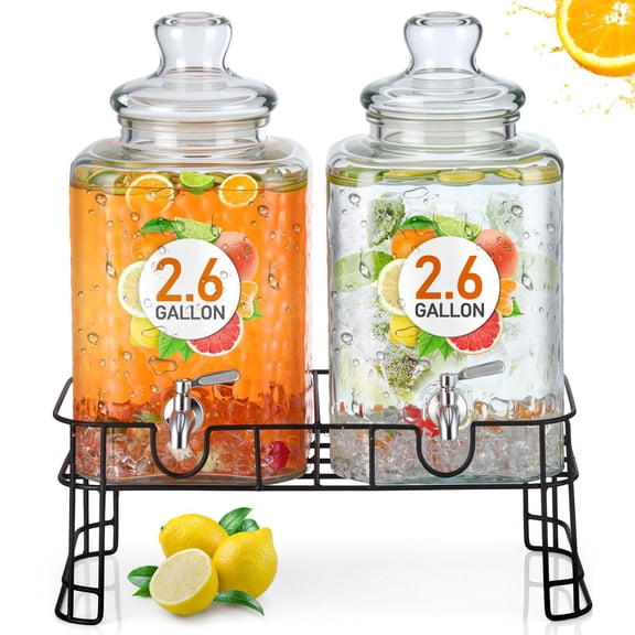 Honeydak 2.6 Gallon Glass Beverage Dispenser with Stand Stainless Steel Spigot Glass Lid Leakproof Drink Dispenser Ice Drink Clear Lemonade Juice Jar for Party Wedding Kitchen (2 Pack) Y101