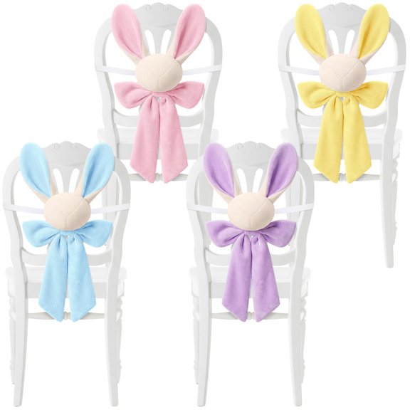 Honeydak 4 Pcs Easter Bunny Chair Covers Cute Pastel Rabbit Easter Chair Back Covers with Bow Chairs Tie Ornament Bunny Spring Chairs Cover for Dinning Table Holiday Birthday Party Decor Y102
