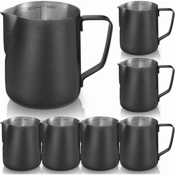 Honeydak 6 Pcs Milk Frothing Pitcher 304 Stainless Steel Steaming Pitchers for Coffee Bar Cappuccino Barista Tools Milk Jug Steamer Frother Cup, 12 oz, Black