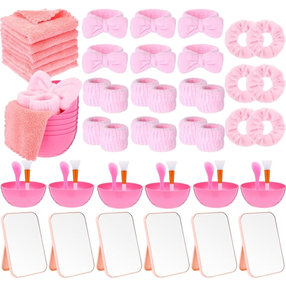 Honeydak 60 Pcs 6 Set Spa Sleepover Party Supplies Bulk Slumber Party Favors Include Facial Mask Mixing Bowl Set Mirror Headband Wristband Scrunchies Towel for Women Wedding Spa Birthday Y102