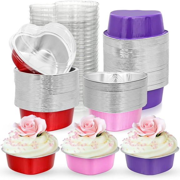 Honeydak Heart Shape Cake Pan Valentine Aluminum Foil Cake Cup with Lids 100 Ml/ 3.4 Ounces Disposable Flan Desserts Baking Cups for Valentine Mother's Day Wedding Parties, 3 Colors(100 Sets) Y101