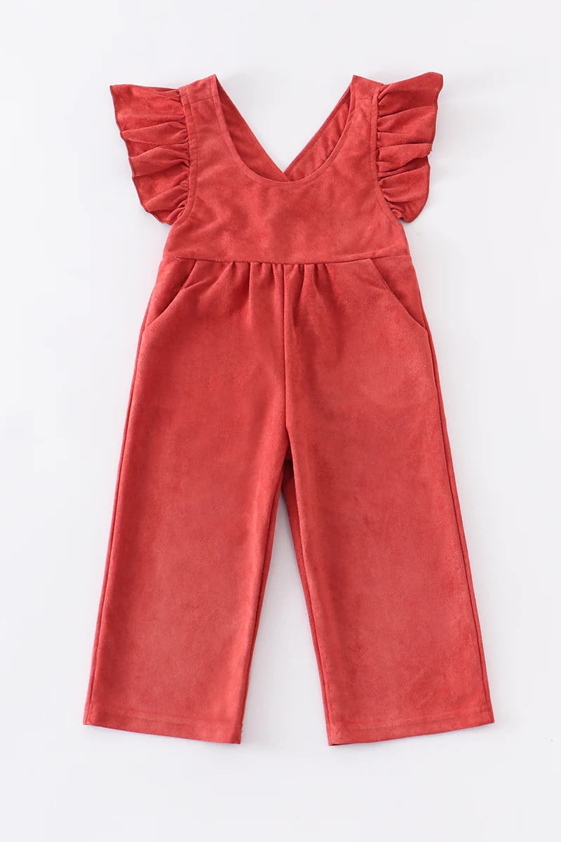 Honeydew Faux Suede Raspberry ruffle girls jumpsuit