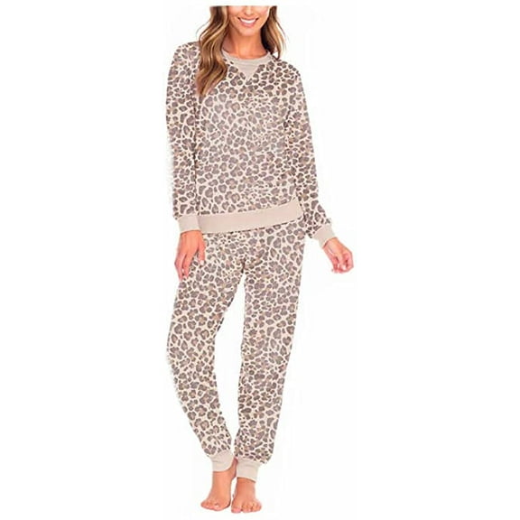 Honeydew Ladies' Fleece 2 PC Pajama Set Size: L, Color: Natural Leopard