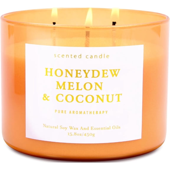 Honeydew Melon & Coconut Scented Candle | 3 Wick Large Soy Candles for Home 15.8oz | Fresh Tropical Fruity Summer Candle, Long Lasting Strong Scent | Aromatherapy Relaxation Gift for Women & Men