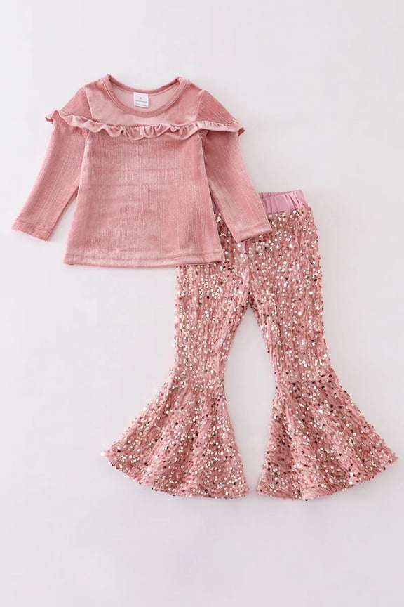 Honeydew Pink velveteen sequin bell bottom pants set