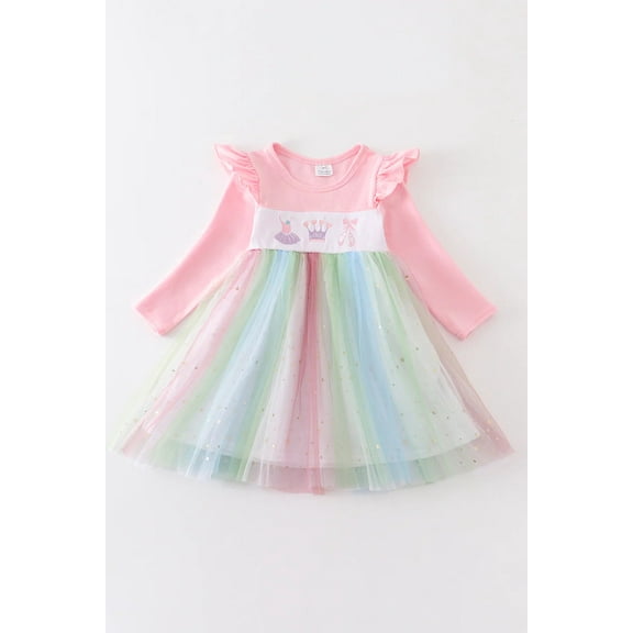 Honeydew Rainbow star embroidery ruffle dress