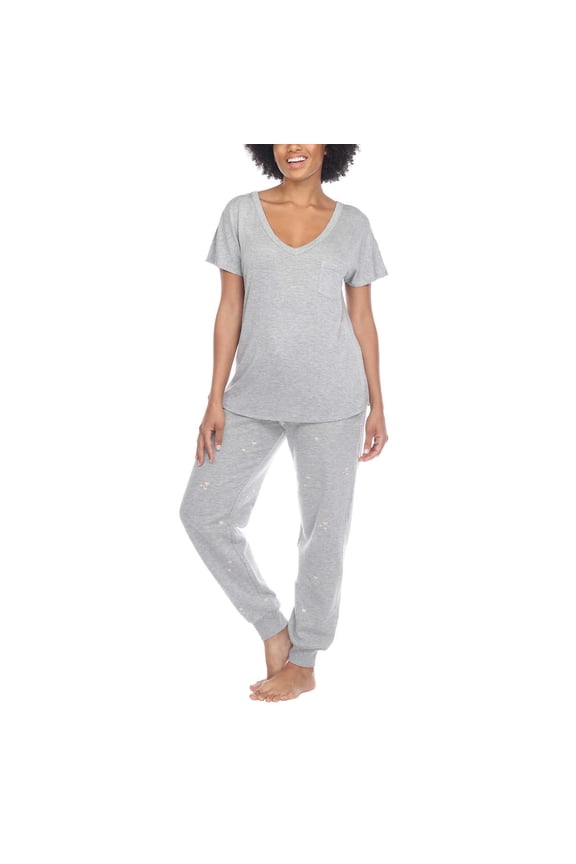 Honeydew Women's Plus 2-piece Pajama Cotton Blend Embroidered Top and Pants Lounge Set (Gray, 3X)