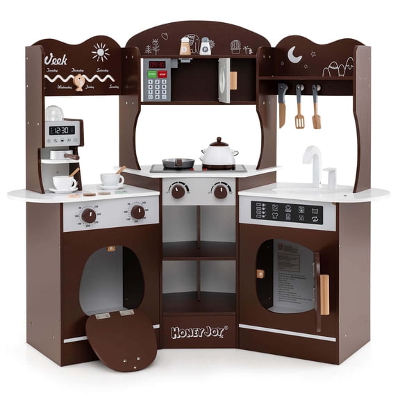 Costway Corner Kitchen Playset with Coffee Machine Oven Microwave Washing Machine Brown