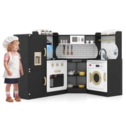 Costway Corner Play Kitchen Toddler Kitchen Playset with Range Hood, Ice Maker, Microwave Black