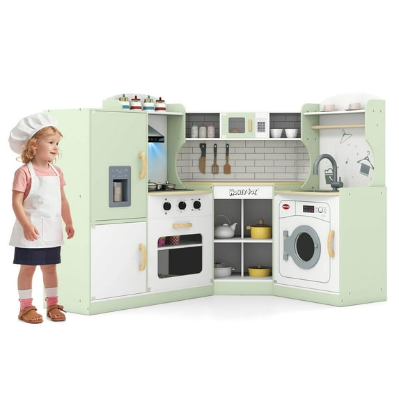 Costway Corner Play Kitchen Toddler Kitchen Playset with Range Hood, Ice Maker, Microwave Green