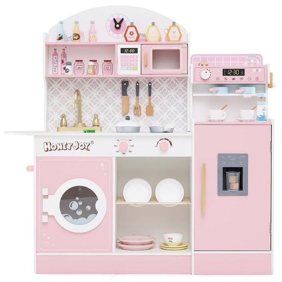 Costway Kids Kitchen Set Wooden Kitchen Playset with Clock, Microwave, Sink, Dish Rack Pink
