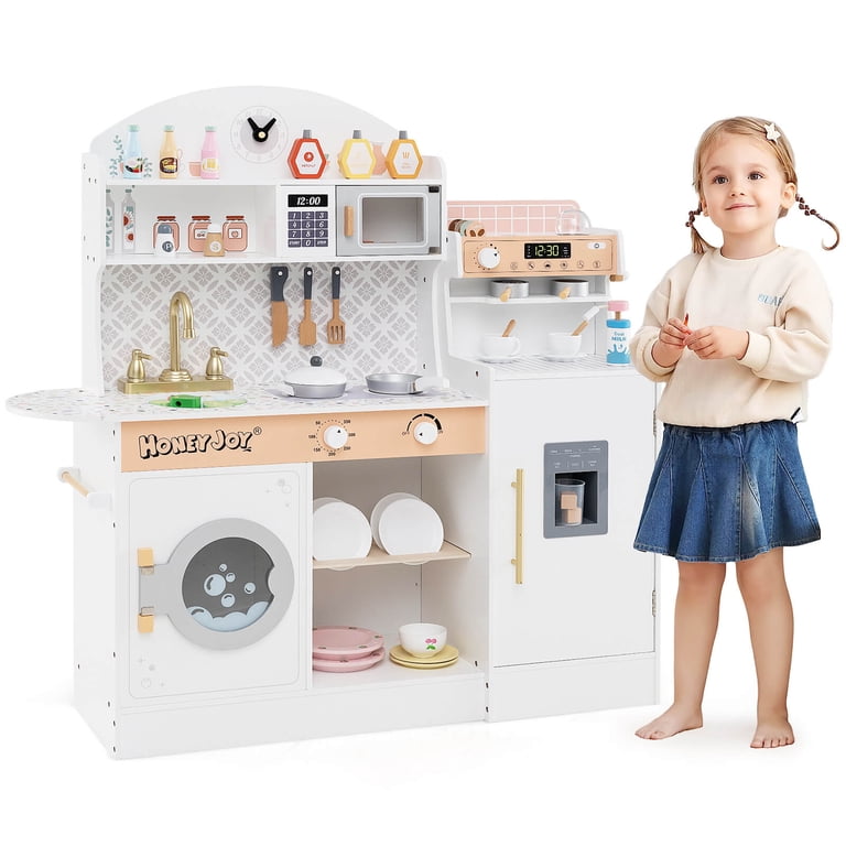 Costway Kids Kitchen Set Wooden Kitchen Playset with Clock
