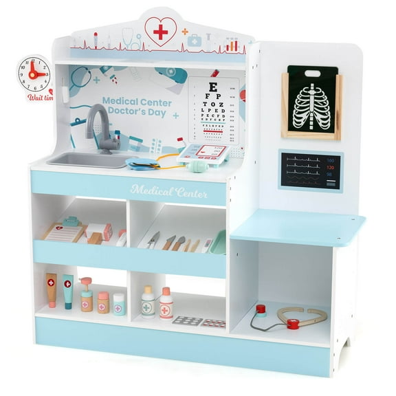 Costway Wooden Doctor Play Set with Clock Sink Eye Chart ECG Monitor Exam Area Storage