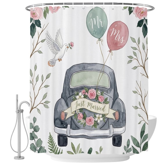 Honeymoon Travel Shower Curtain Summer Adventure Vintage Car Balloons Waterproof Fabric Shower Curtain Set with 12 Hooks, Bathroom Curtains for Farmhouse Home Hotel Holiday Decor, 72" W x 84" L