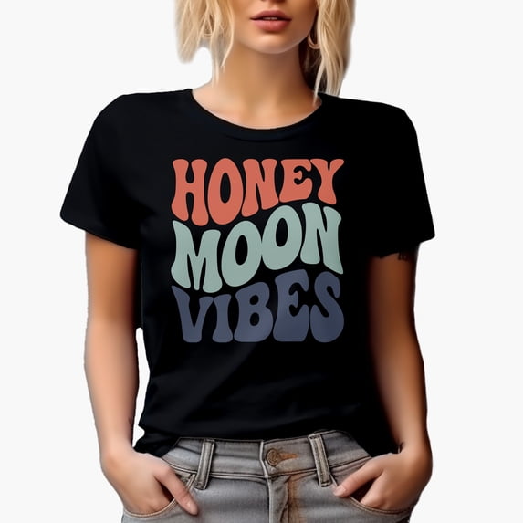 Honeymoon Vibes, Wedding Day, Marriage or Married Couple Themed, Groovy Retro Wavy Text Merch Gift, Black T-Shirt, Large