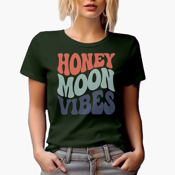Honeymoon Vibes, Wedding Day, Marriage or Married Couple Themed, Groovy Retro Wavy Text Merch Gift, Military Green T-Shirt, 2XL