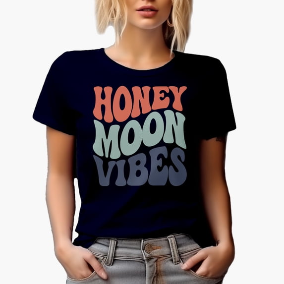 Honeymoon Vibes, Wedding Day, Marriage or Married Couple Themed, Groovy Retro Wavy Text Merch Gift, Navy Blue T-Shirt, XL