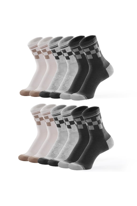 6-Pack Crew Socks for Men & Women, Checkered Quarter Socks Men Casual Womens Crew Socks Running Long Socks for Women
