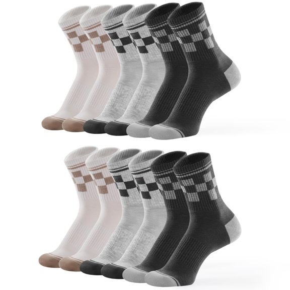 Honeysea 6-Pack Crew Socks for Men & Women, Checkered Quarter Socks Men Casual Womens Crew Socks Running Long Socks for Women