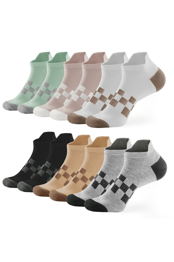 6 Pairs Ankle Socks for Women Men - Checkered Breathable Running Socks Tab Athletic Ankle Socks with Arch Support