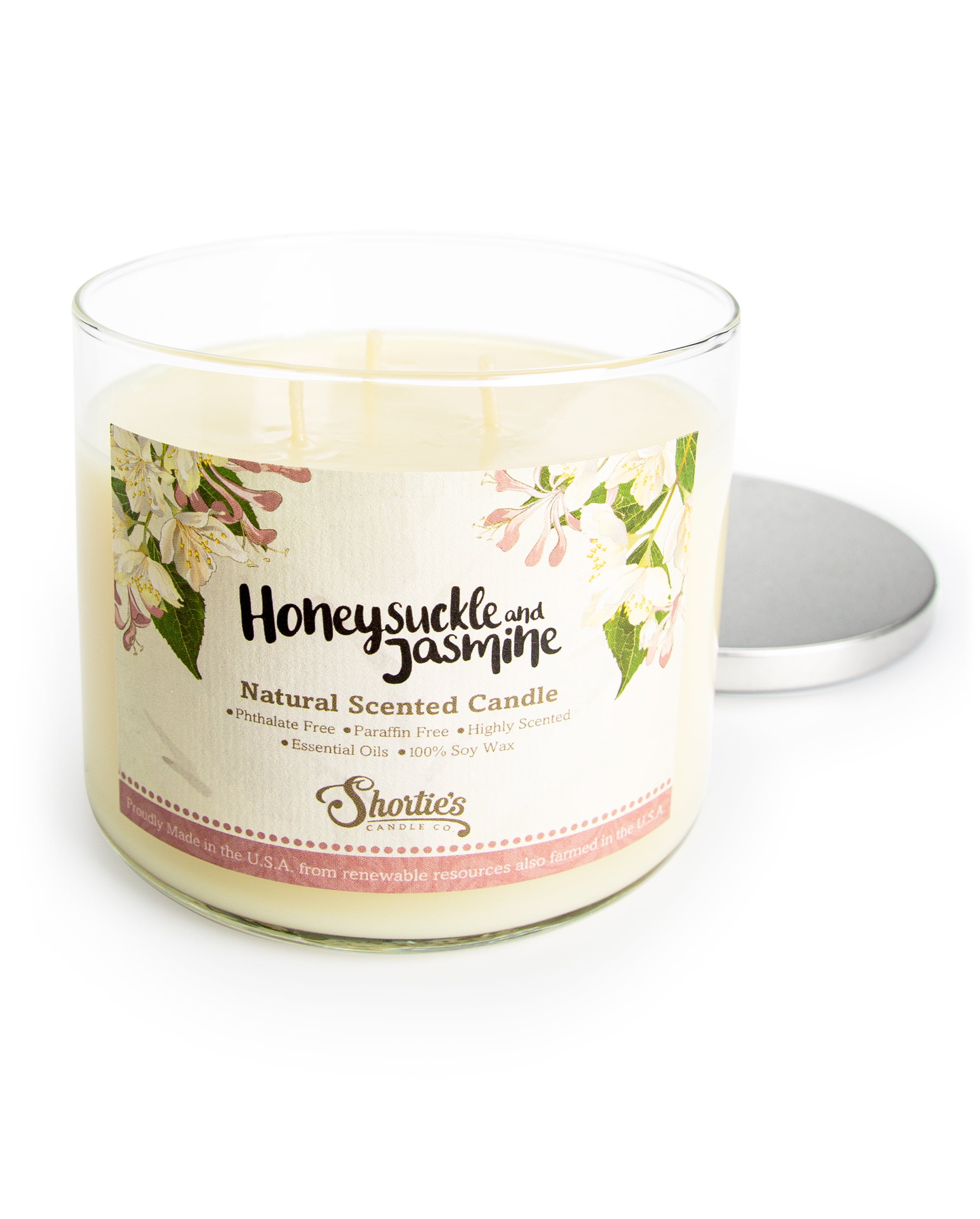 Honeysuckle Jasmine Scented 3 Wick Candle - All Natural - Made with 100% Responsibly Sourced Soy and Essential Fragrance Oils - Phthalate & Paraffin Free, Vegan, Non-Toxic