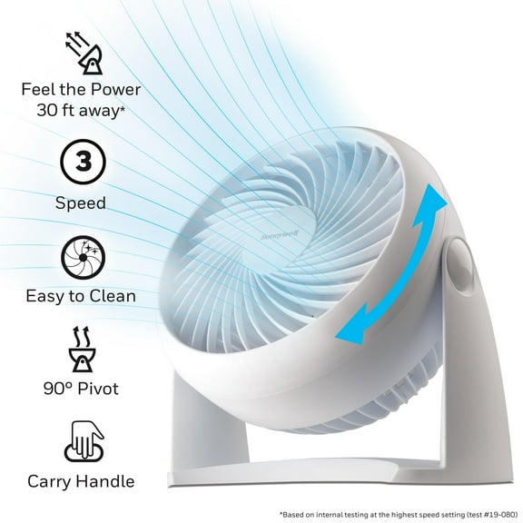 Honeywell 10” White Turbo Force Power Table Fan, 30ft. Air Circulation Power, 3 Speed, 90° Pivot, HPF820WWM