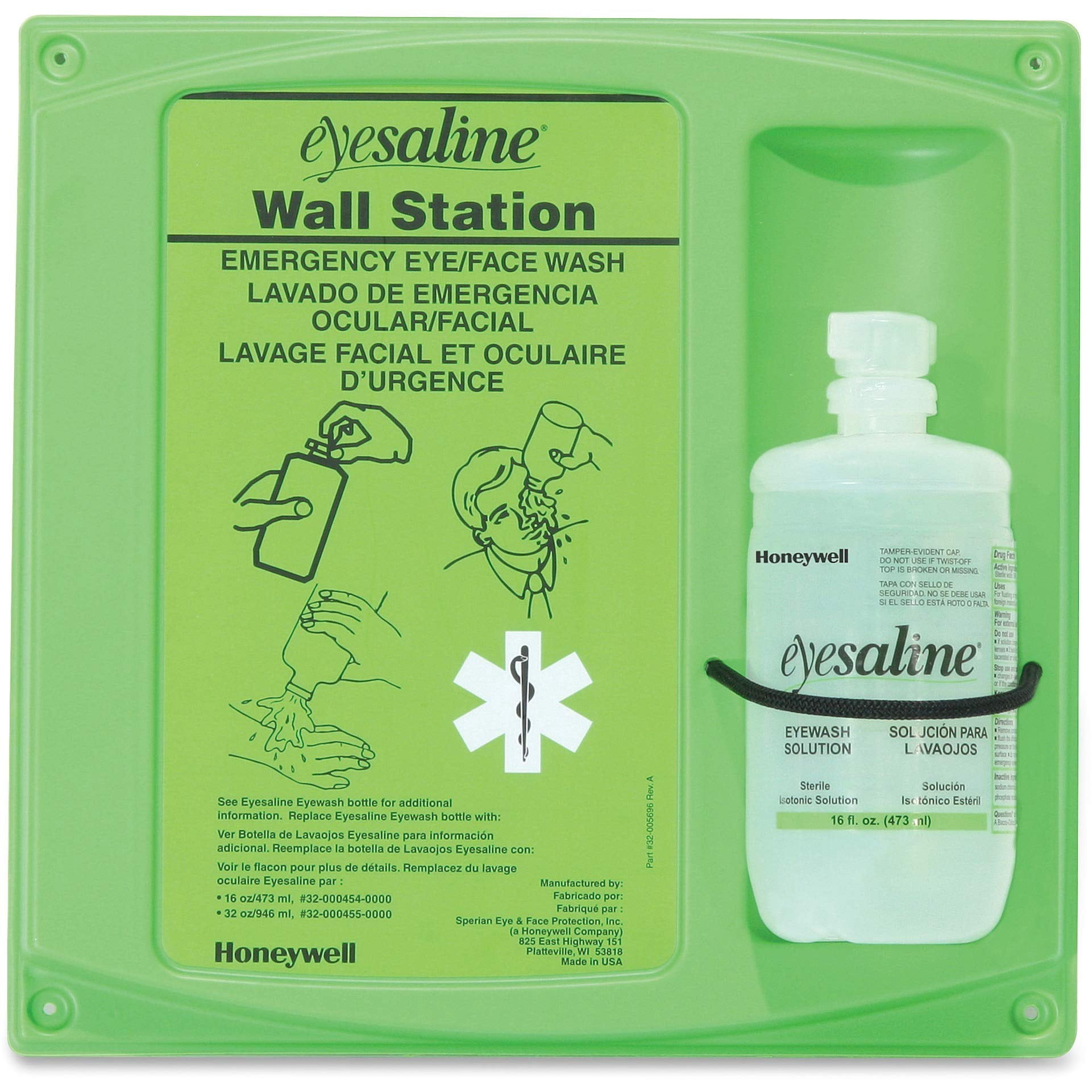Honeywell 16 oz. (473 ml) Single Bottle Trilingual Sterile Saline Eye Wash Wall Station (Includes Full Bottle and Eye Wash Station CA1