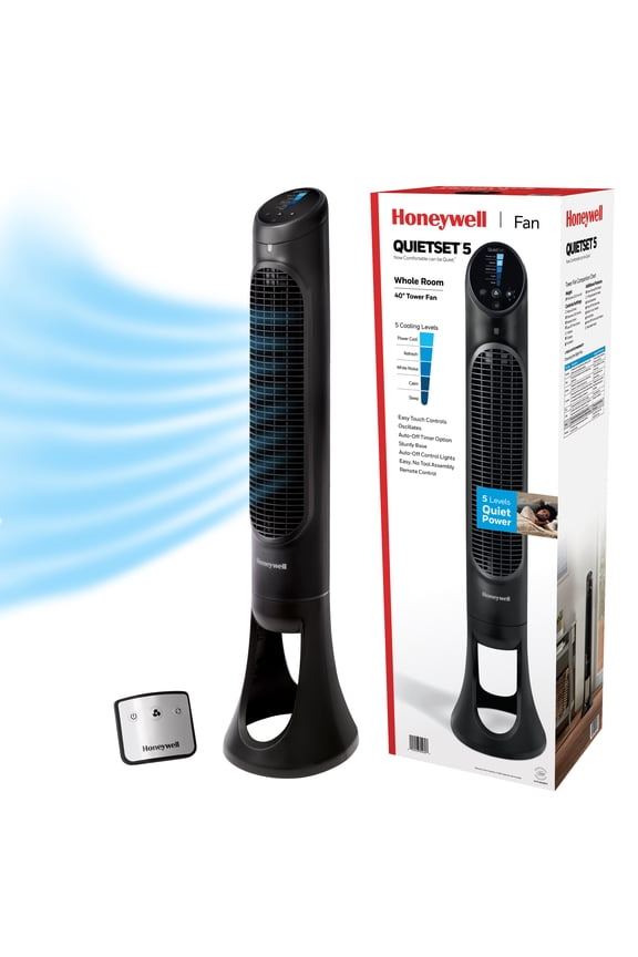 40" Black Quiet Set Oscillating Tower Fan, 30ft Air Circulation Power, 5 Speed, Auto Off Timer, HYF260B