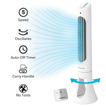 Honeywell 40" White Quiet Set Oscillating Tower Fan, 30ft Air Circulation Power, 5 Speed, Auto Off Timer, HYF260W