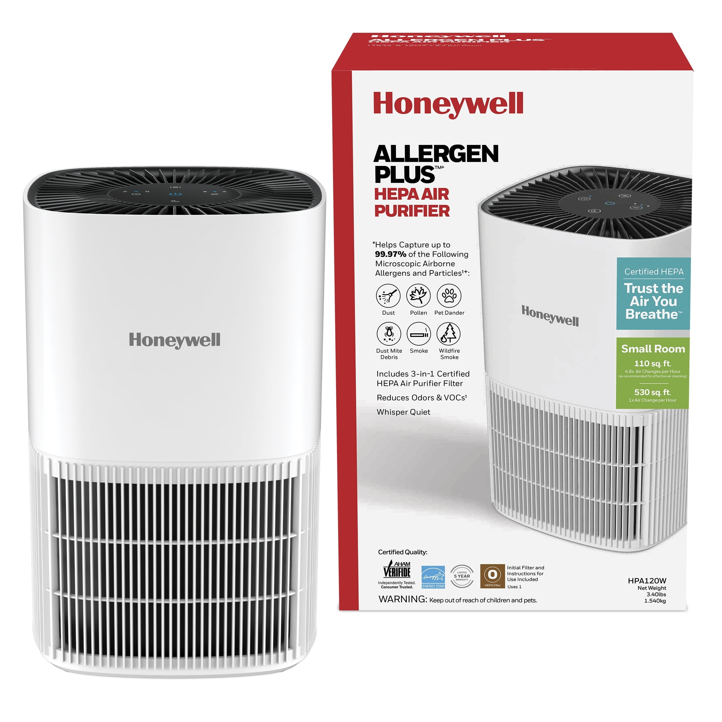 Honeywell Air Purifier, Hpa120w, 530 Sq Ft, Hepa Filter, Bedroom