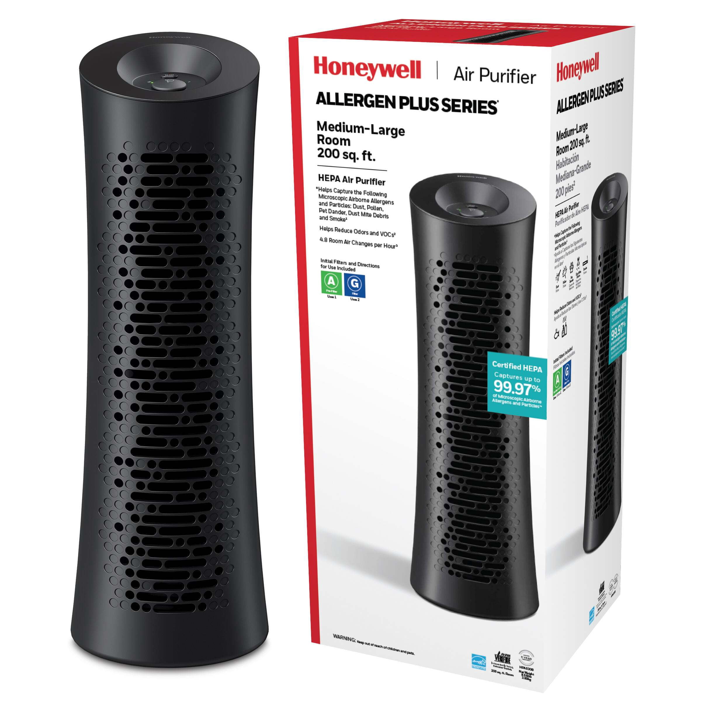 Honeywell Air Purifier, HPA030B, 990 sq ft, HEPA Filter, Allergen, Smoke, Pollen, Dust Reducer