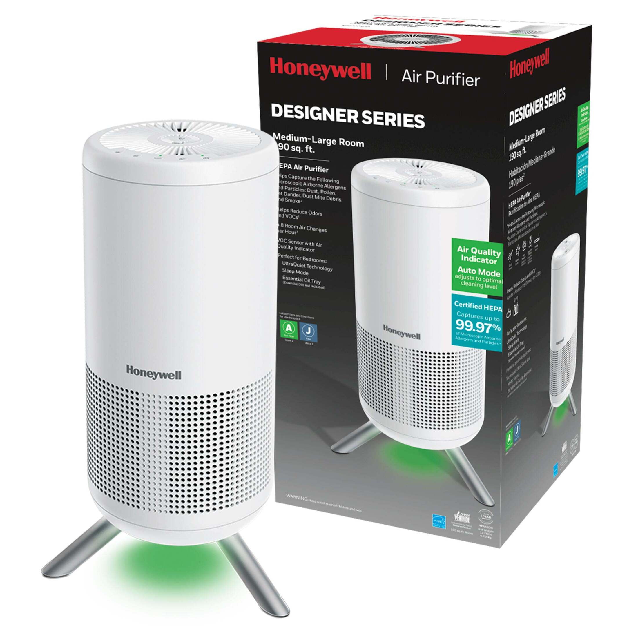 Honeywell Designer Series Air Purifier for Home, 190 Sq ft, HEPA filter, White, Smoke, Pollen, Dust Reducer
