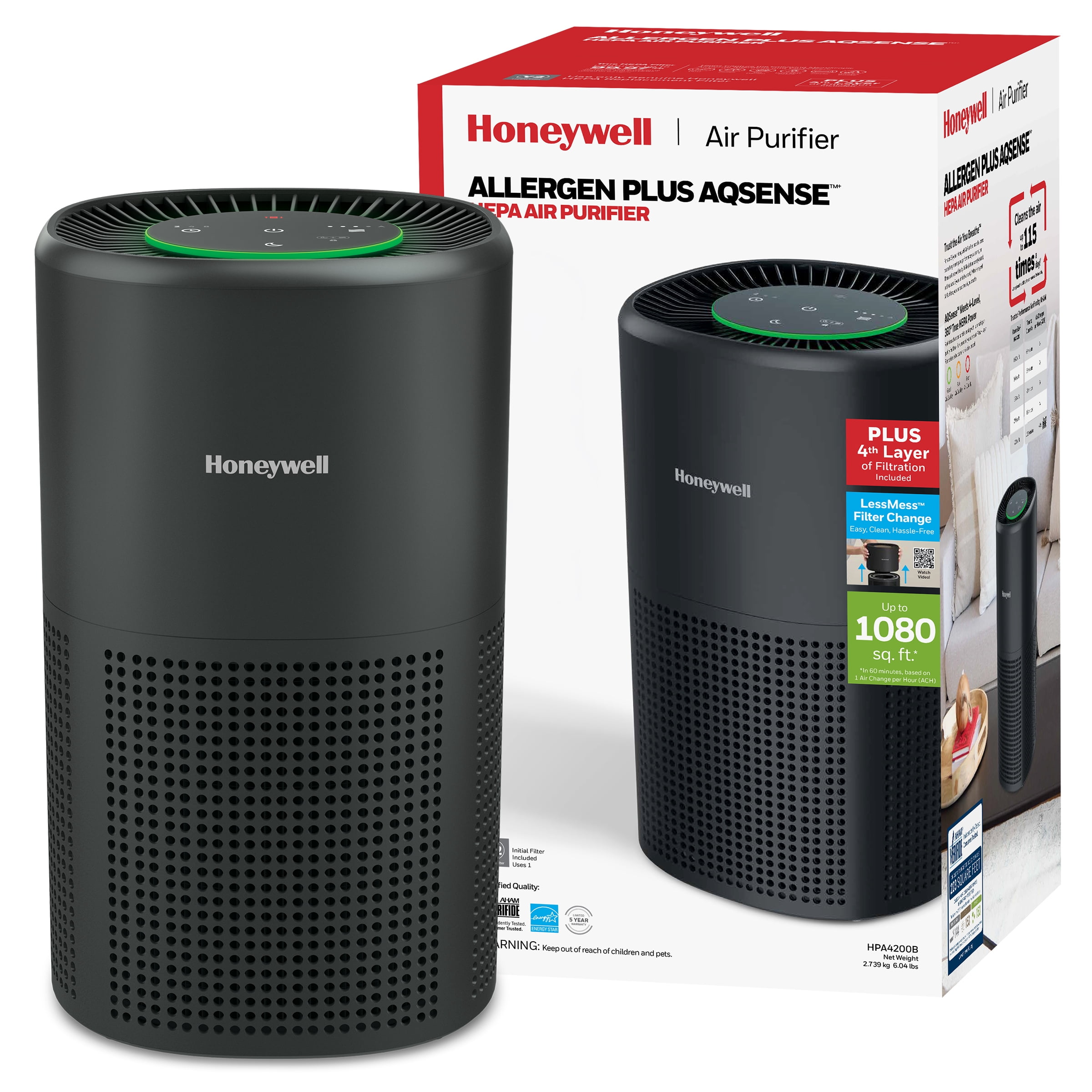 Honeywell Allergen Plus 1080 Sq. Ft 4-in-1 HEPA Air Purifier, Auto Mode Reduces Pet Dander, Smoke & Odors, Black
