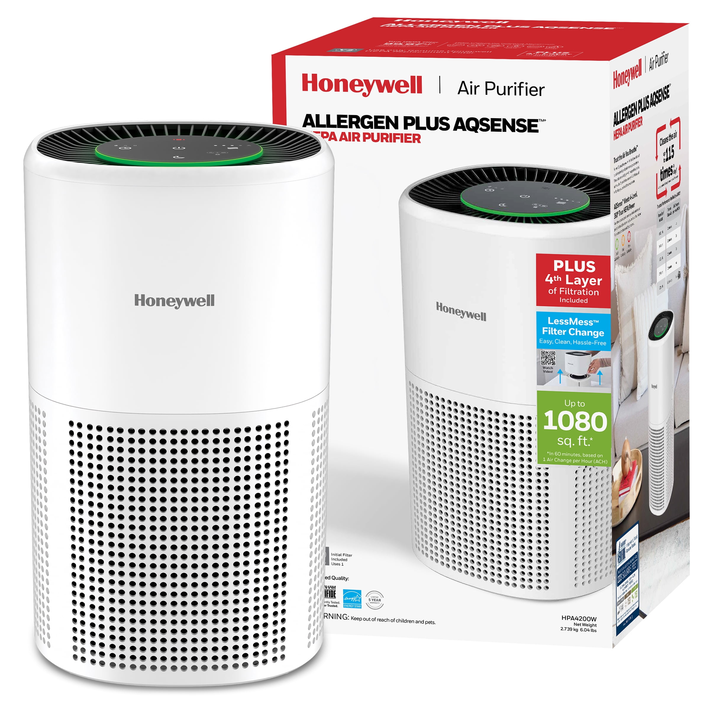 Honeywell Allergen Plus 1080 Sq. Ft 4-in-1 HEPA Air Purifier, Auto Mode Reduces Pet Dander, Smoke & Odors, White