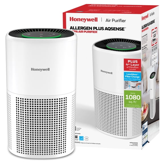 Honeywell Allergen Plus 1080 Sq. Ft 4-in-1 HEPA Air Purifier, Auto Mode Reduces Pet Dander, Smoke & Odors, White