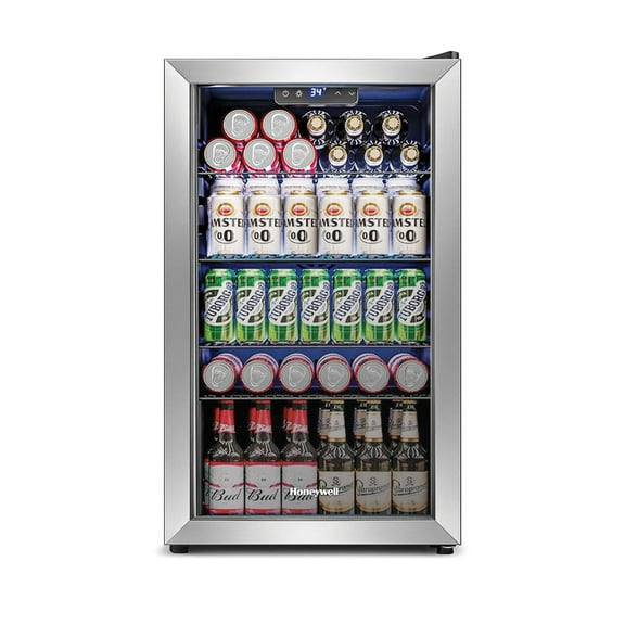 Honeywell Beverage Refrigerator and Cooler, 116 Can Mini Fridge with Glass Door for Soda Beer or Wine for Office or Bar with Adjustable Removable Shelving