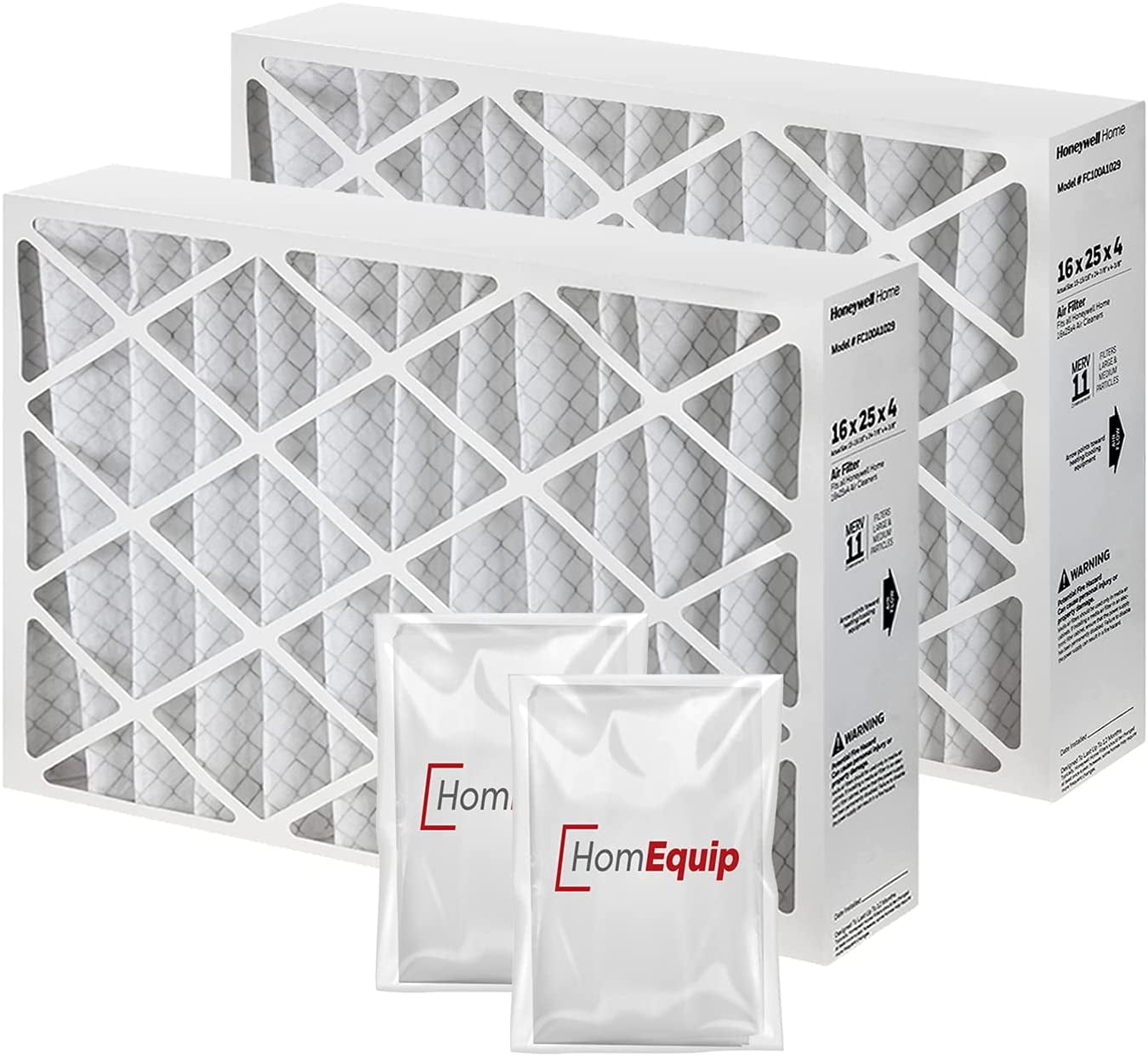 Honeywell FC100A1029 Furnace Filters, 16 x 25 x 4 Air Filter Replacement Merv 11 Filter Media with Homequip Disposal Bag (2 Pack)