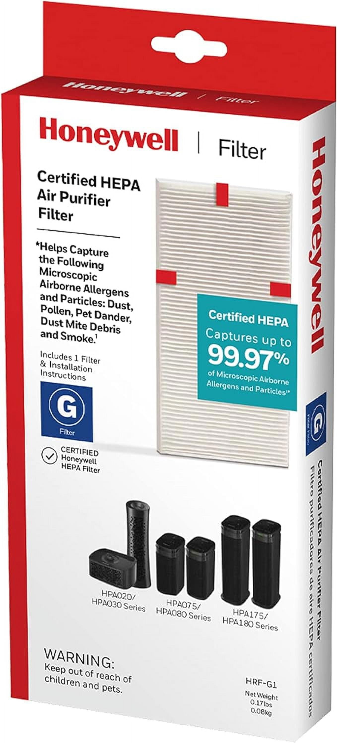 Honeywell HEPA Air Purifier Filter G, 1-Pack – for HPA030/HPA080 & HPA180 Series – Airborne Allergen Air Filter Targets Wildfire/Smoke, Pollen, Pet Dander, and Dust