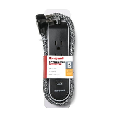 Honeywell Powerstrip with 2 AC Outlets, 2 USB Ports, 3 ft. Fabric Cord (Black/Gray)