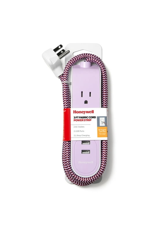 Honeywell Powerstrip with 2 AC Outlets, 2 USB Ports, 3 ft. Fabric Cord (Pink/White)