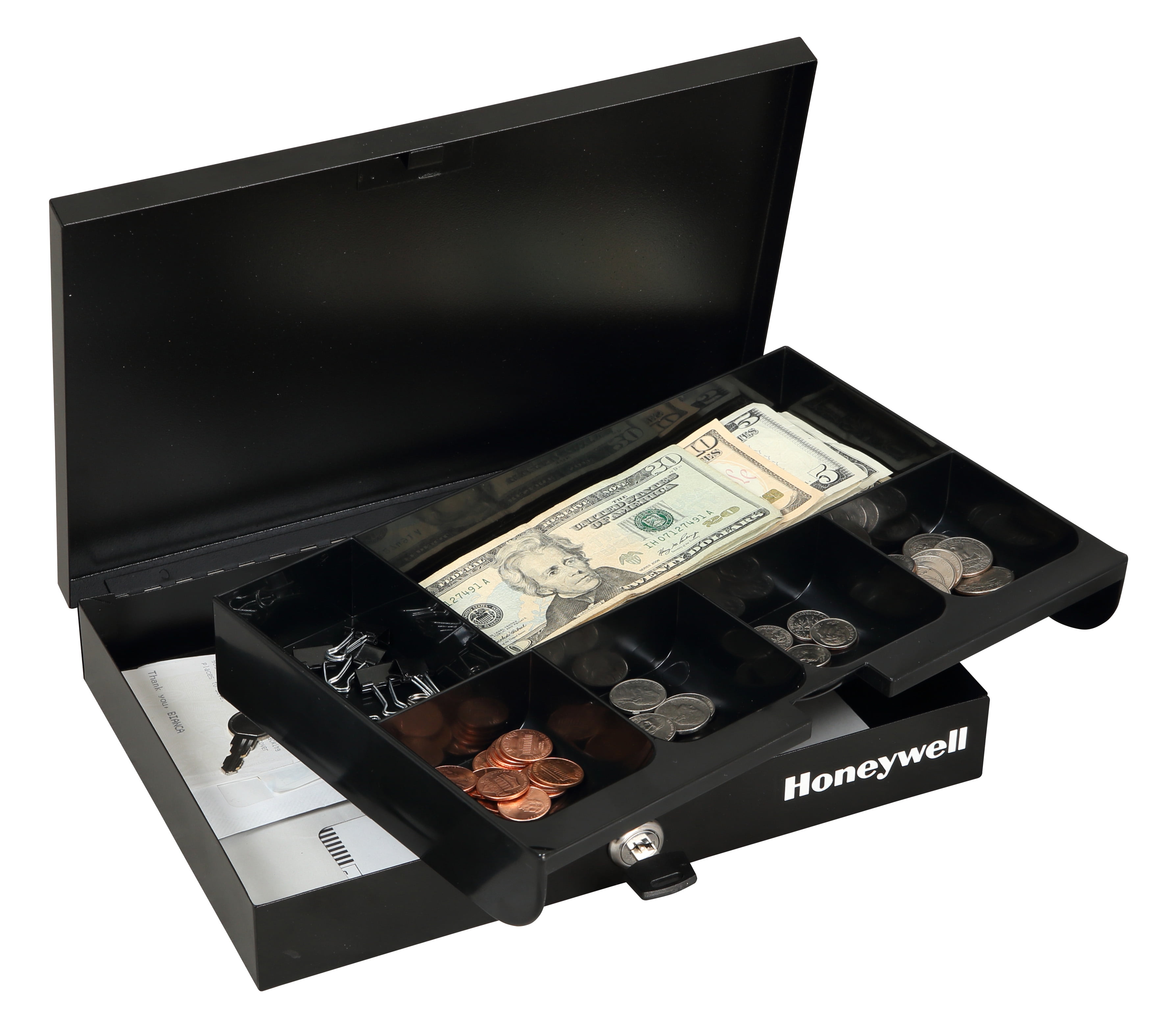 Black Low Profile Steel Cash Box with Key Lock and Removable Tray