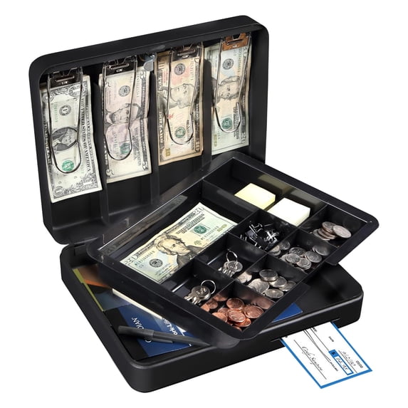 Honeywell Safes & Door Locks - Deluxe Small Cash Box Removable Money Tray - Storage Under Tray & 8 Coin Slots - Durable Metal Safe Key Lock - Saving Money Lock Box - Black, 0. 23 CU - 6113 CA1