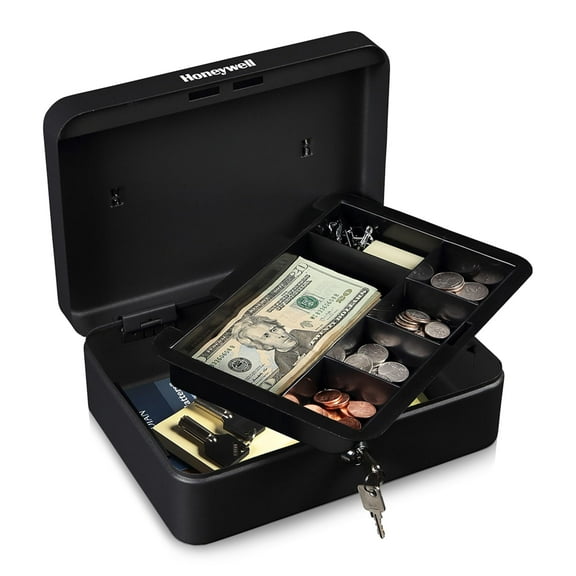Honeywell Safes & Door Locks - Standard Small Cash Box Removable Money Tray - Storage Under Tray & 5 Coin Slots - Durable Metal Safe Key Lock - Saving Money Lock Box - Black, 0.14 CU - 6112 CA1