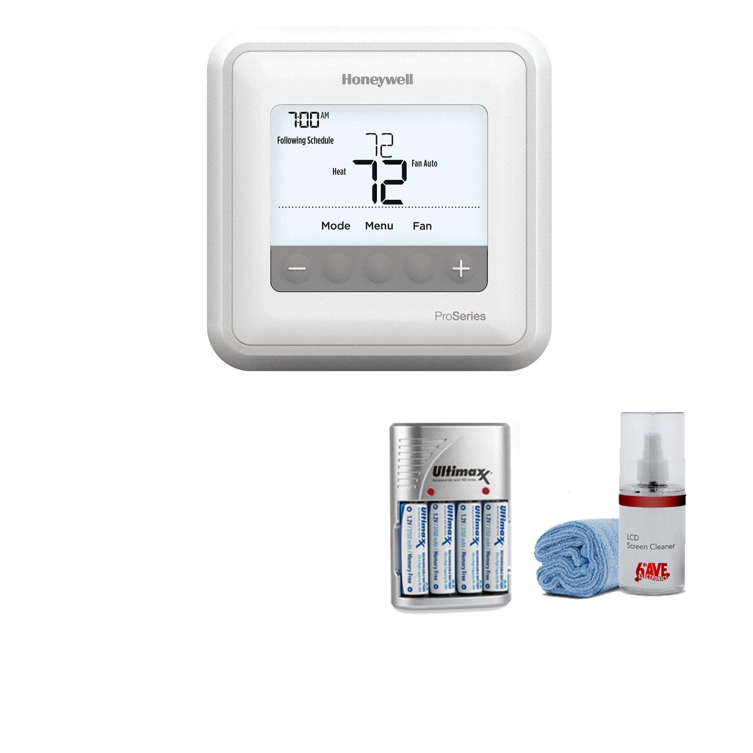 Honeywell T4 PRO PROGRAMMABLE THERMOSTAT, 1 HEAT/1 COOL TH4110U2005 - Kit  with 4 AA Batteries 