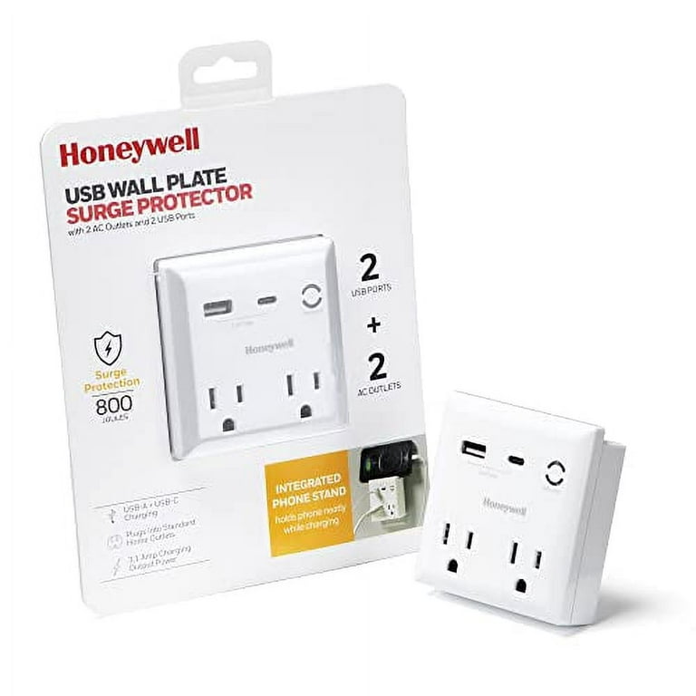 Honeywell USB Wall Plate Surge Protector 2 AC Outlets, USB-A and USB-C  Charging, 3.1 A 