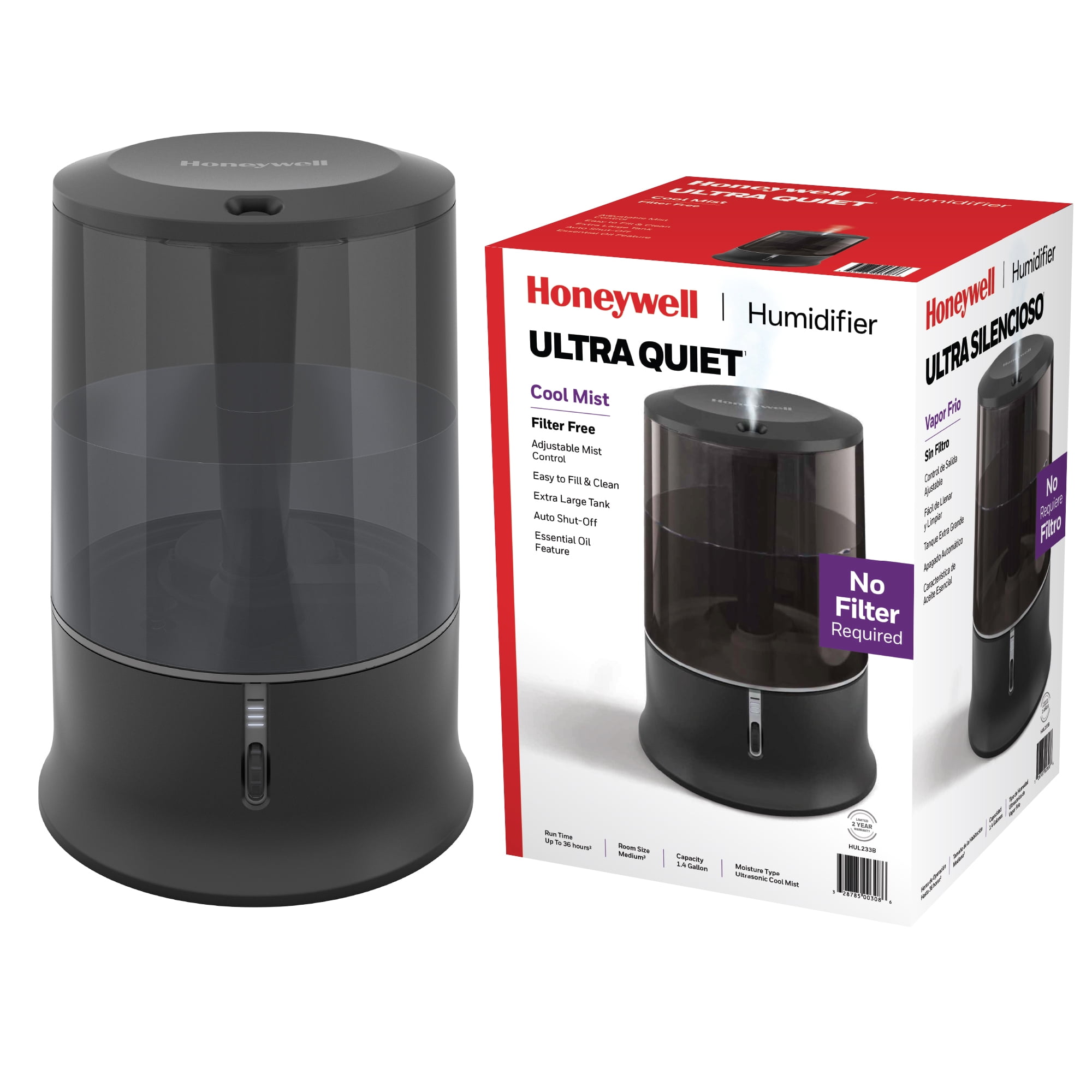 Honeywell Ultra Quiet Cool Mist Humidifier, 400 Sq Ft Coverage, Black, Model HUL233B