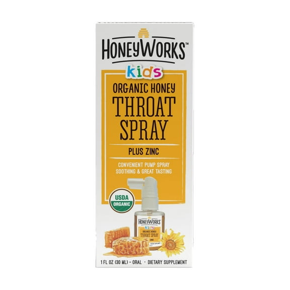 HoneyWorks Kids Throat Spray, Sore Throat Relief with Organic Dark Honey & Zinc, 1 fl oz