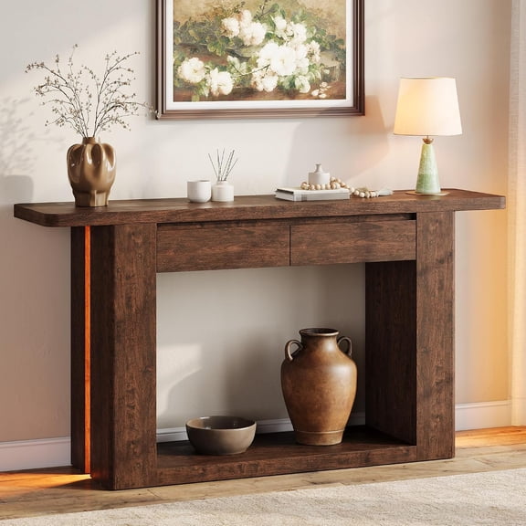 Honfach 63" Long Entryway Table with 2 Storage Drawers and LED Lights, Farmhouse Entry Hallway Table Behind Couch for Living Room Entrance Foyer, Rustic Brown