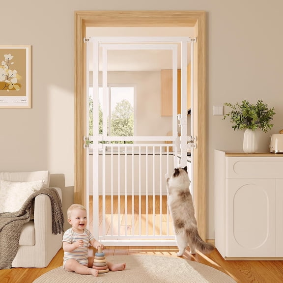Honfach 73.6" Extra Tall Cat Gate, 29.5-32.3" Adjustable Pet Gate with Clear Acrylic Top & Metal Bottom Fence, Auto Close Pressure Mounted for Doorways and Stairs, White