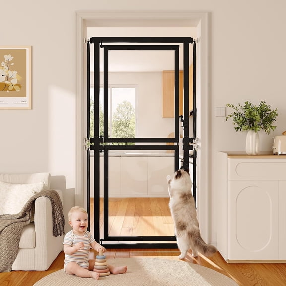 Honfach 73.6" Extra Tall Cat Gate, 29.5-32.3" Adjustable Clear Acrylic Pet Gate with Auto Close, Pressure Mounted for Doorways and Stairs, Black